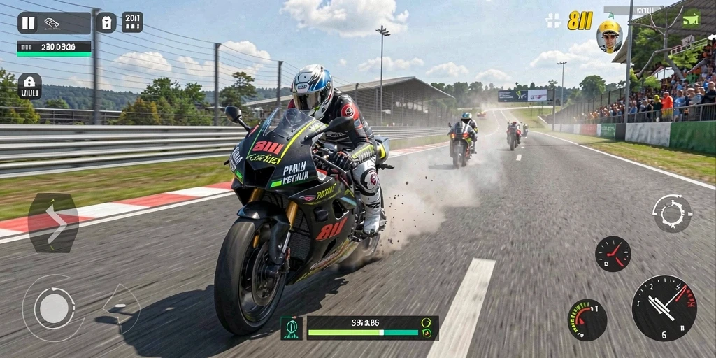 Tampilan gameplay penuh aksi di 8II saat balapan motor.