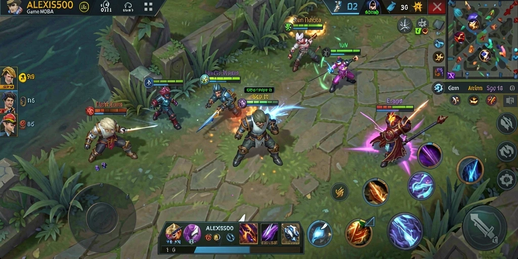 Gameplay seru ALEXIS500 dengan aksi bertempur yang intens di arena MOBA.