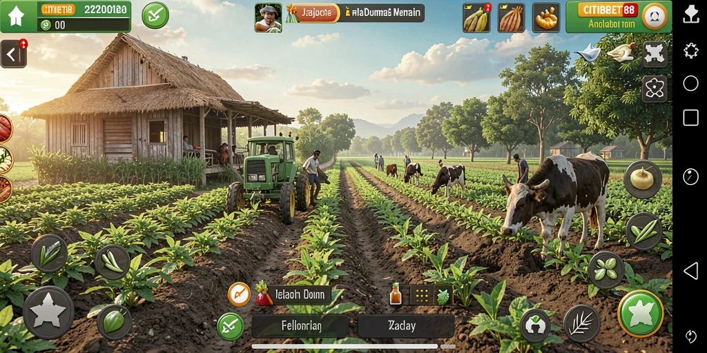 Gameplay CITIBET88 menampilkan ladang dengan tanaman yang subur dan hewan ternak.