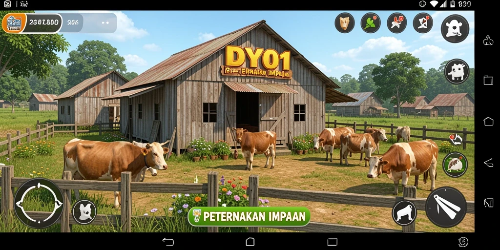 Tampilan gameplay DY01 yang menampilkan kebun dan hewan ternak.