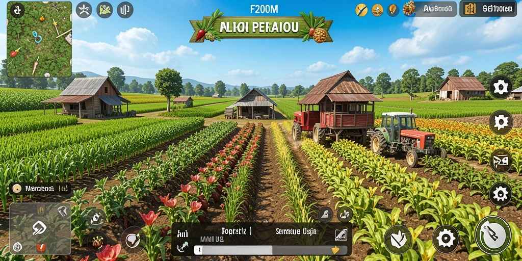 Tangkapan layar utama F200M menampilkan suasana ladang yang hijau dan subur.
