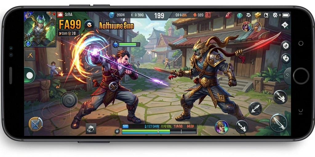 Screenshot gameplay FA99 yang menunjukkan aksi seru di arena MOBA.