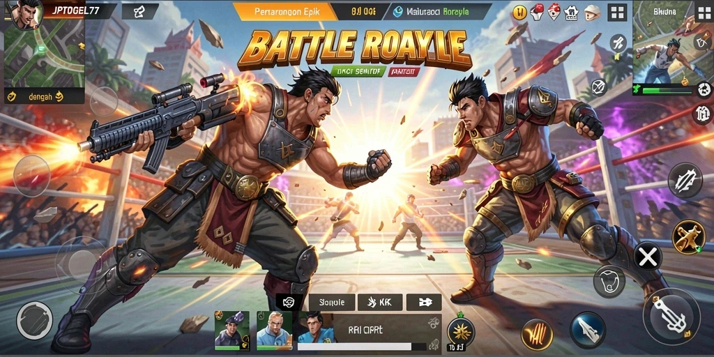 Tampilan aksi mendebarkan dalam gameplay JPTOGEL77 Battle Royale.