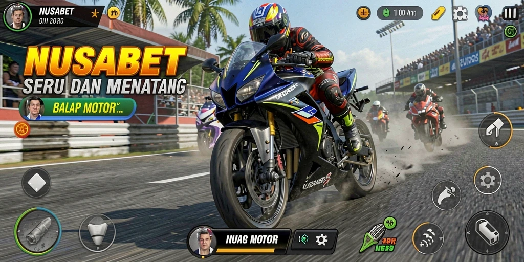 Tampilan gameplay NUSABET yang seru dengan motor balap di trek.