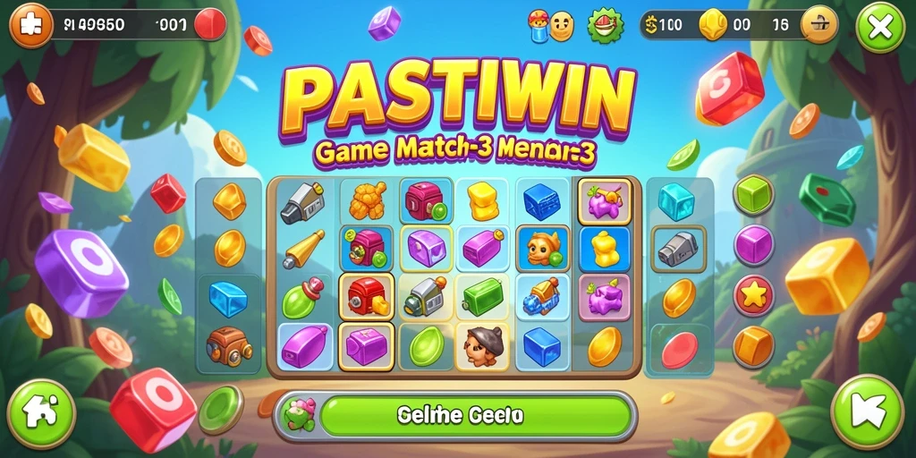 Screenshot utama PASTIWIN menampilkan gameplay seru di level Match-3.