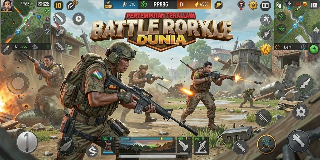 Screenshot gameplay RP886 menampilkan aksi pertarungan intens di arena Battle Royale.