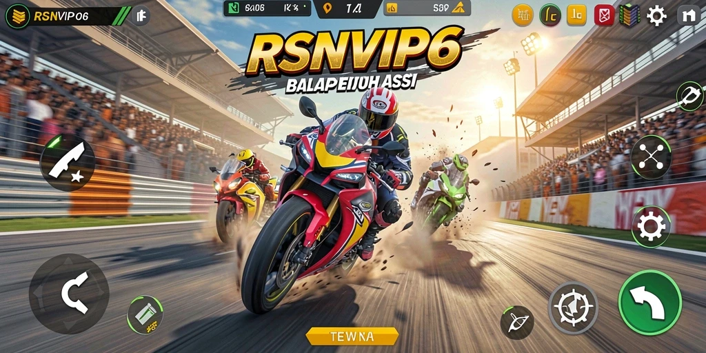 Screenshot gameplay RSNVIP6 menampilkan aksi balapan motor yang mendebarkan.