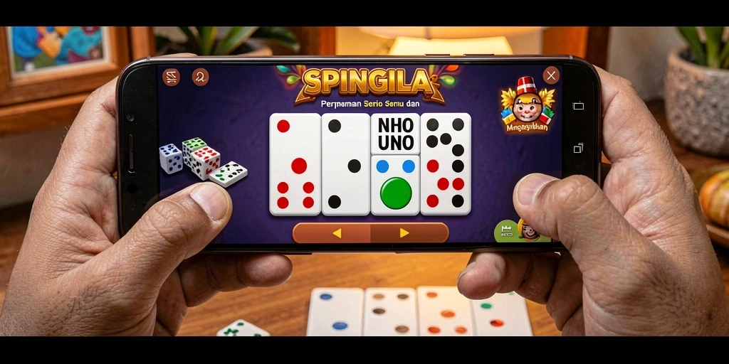 Tampilan gameplay SPINGILA dengan aksi domino yang seru.