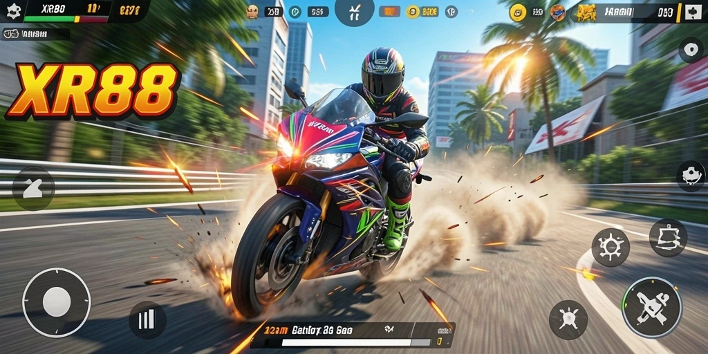 Screenshot dari gameplay XR88 menampilkan aksi balapan motor yang seru.